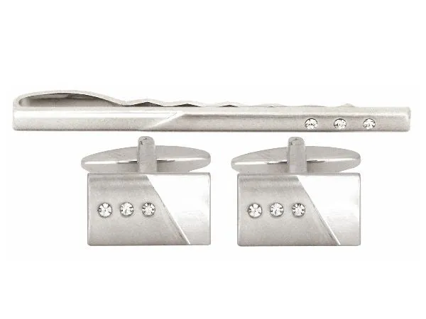 Brushed/shiny   3 crystals cufflink and tie bar Set 5595
