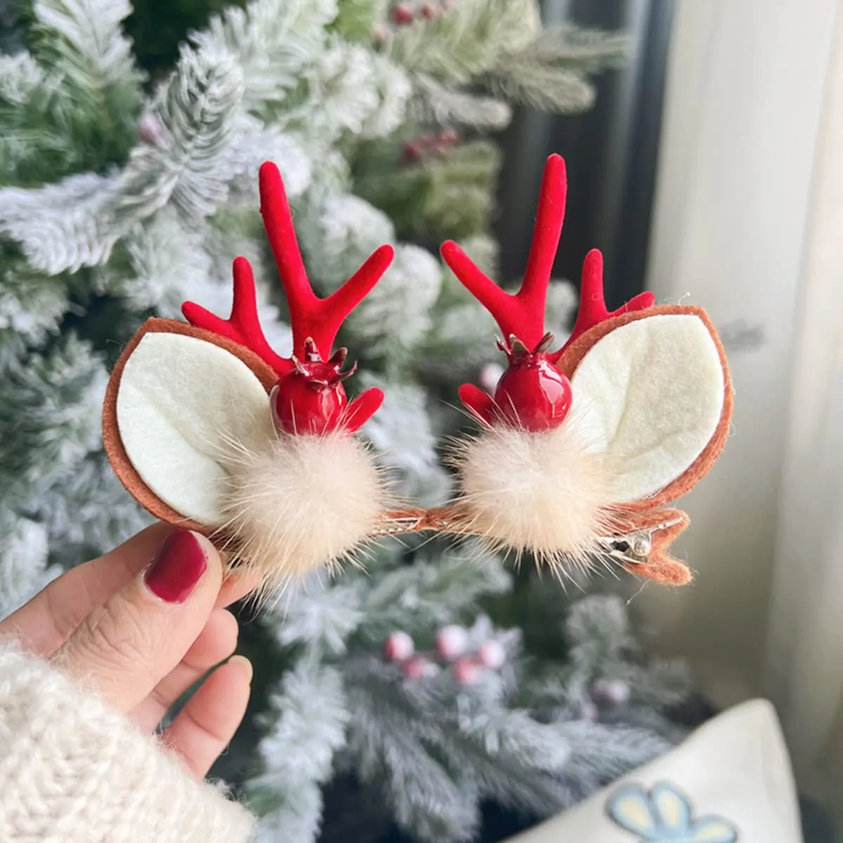 Christmas Hair Clips Cute Reindeer Antlers Xmas Hair Pins Deer Horns Ears Hairclips Christmas Beauty Headdresses Headband Elk Antler Barrettes Hair Hoop for Women Girls Kids Adults Party Favors(red)