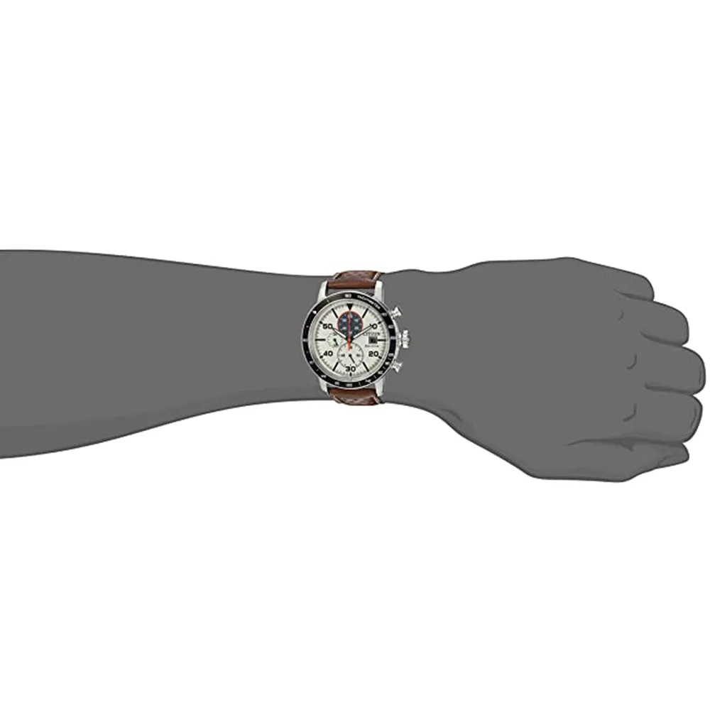 Citizen Mens Eco-Drive Quartz White Dial Brown Band Stainless Steel Leather Casual Watch - CA0649-06X
