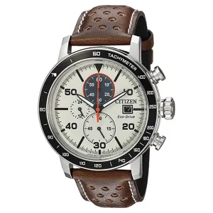 Citizen Mens Eco-Drive Quartz White Dial Brown Band Stainless Steel Leather Casual Watch - CA0649-06X