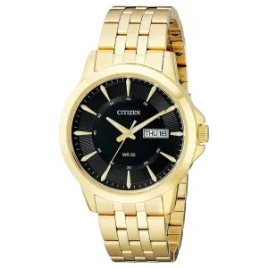 Citizen Mens Quartz Black Dial Gold-stainless Steel Bracelet Day Date Watch - BF2013-56E