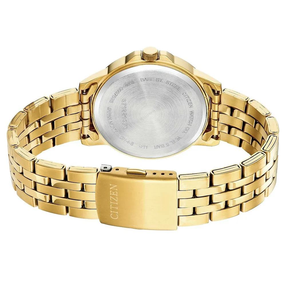 Citizen Mens Quartz Black Dial Gold-stainless Steel Bracelet Day Date Watch - BF2013-56E