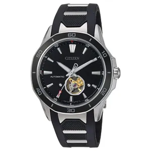 Citizen Mens Signature Black Dial Band Mechanical Hand Wind Stainless Steel Polyurethane Dress Watch - NB4018-04E