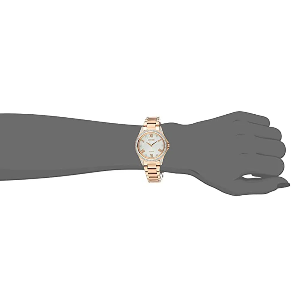 Citizen Womens Eco-Drive Silver Dial Gold Band Crystal Accents Bracele Watch - EM0233-51A