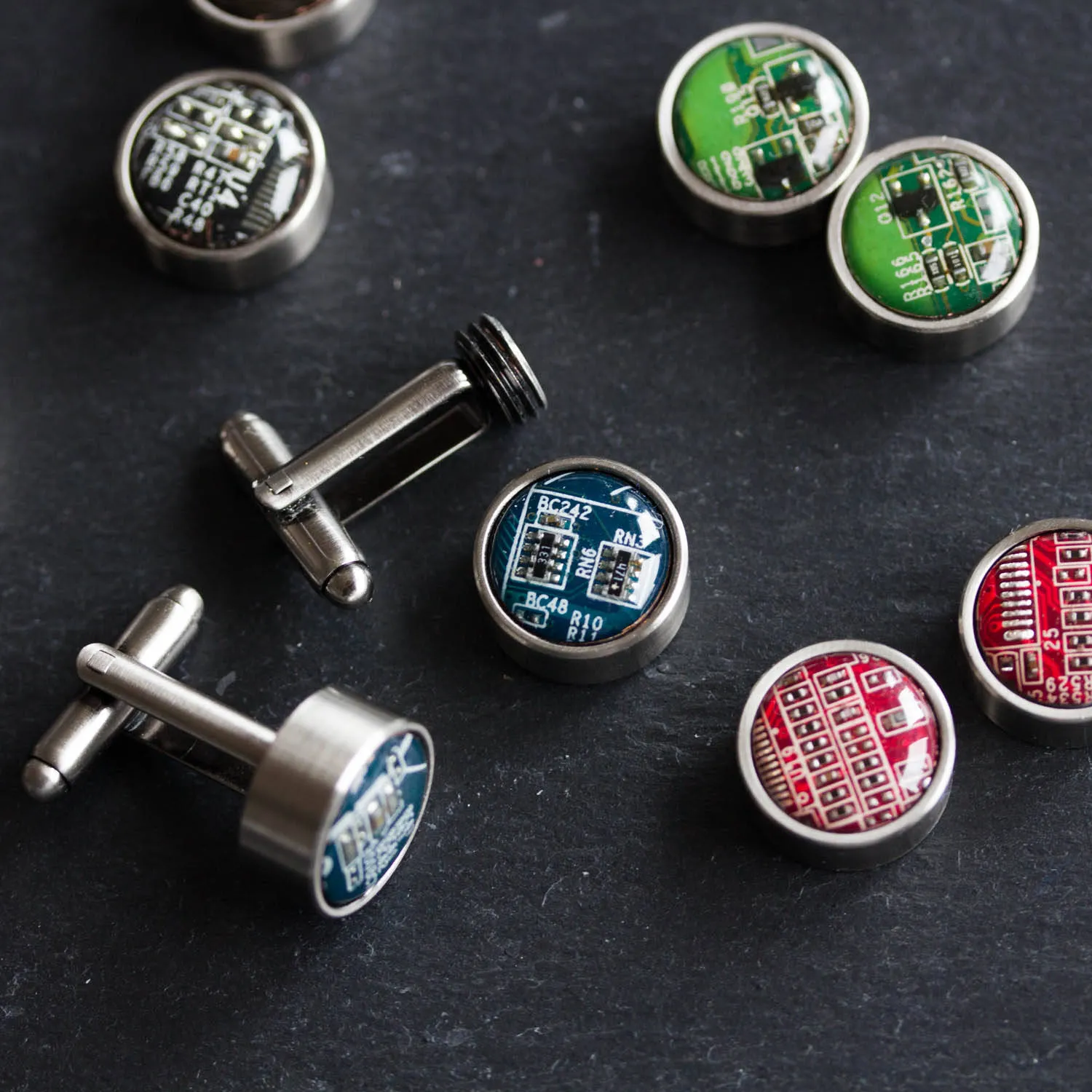 Cufflinks with interchangeable buttons, recycled circuit board cufflinks