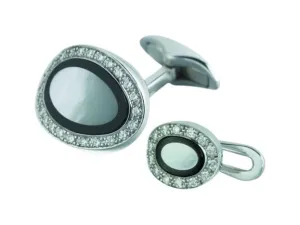 DIAMOND SET ONYX AND MOTHER OF PEARL DRESS SET 18ct WHITE GOLD