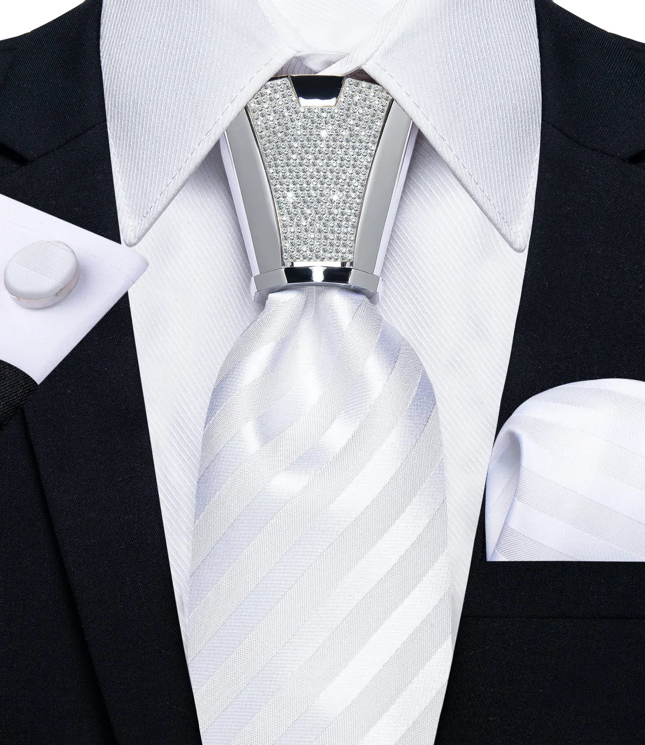 DiBanGu Men's Tie White Striped Silk Tie Handkerchief Cufflinks Ring Accessory Set 4PC