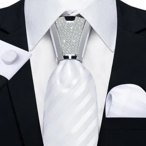 DiBanGu Men's Tie White Striped Silk Tie Handkerchief Cufflinks Ring Accessory Set 4PC