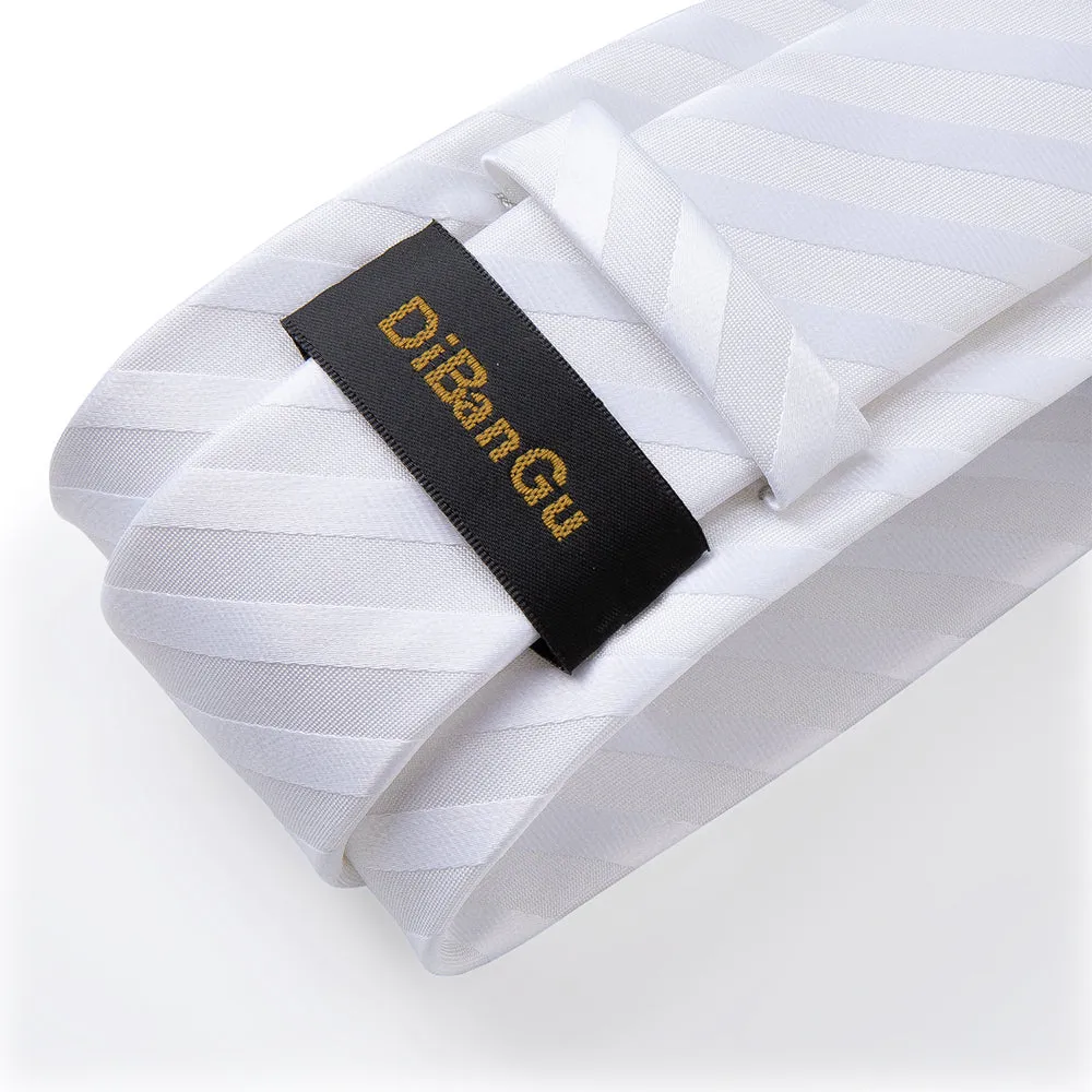 DiBanGu Men's Tie White Striped Silk Tie Handkerchief Cufflinks Ring Accessory Set 4PC