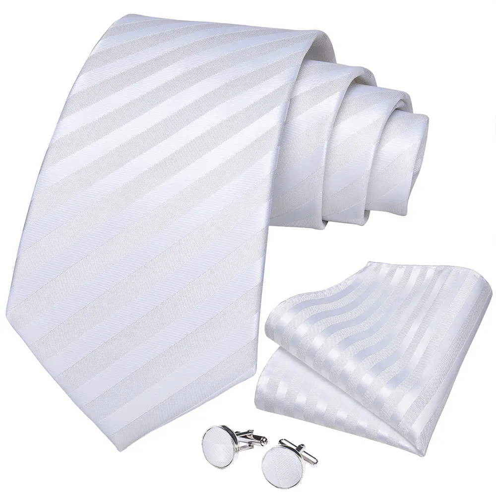 DiBanGu Men's Tie White Striped Silk Tie Handkerchief Cufflinks Ring Accessory Set 4PC