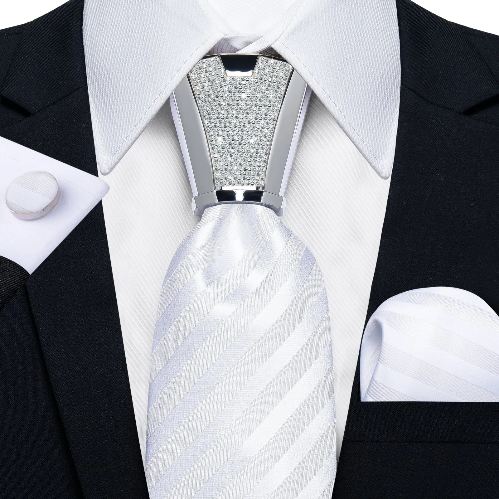 DiBanGu Men's Tie White Striped Silk Tie Handkerchief Cufflinks Ring Accessory Set 4PC