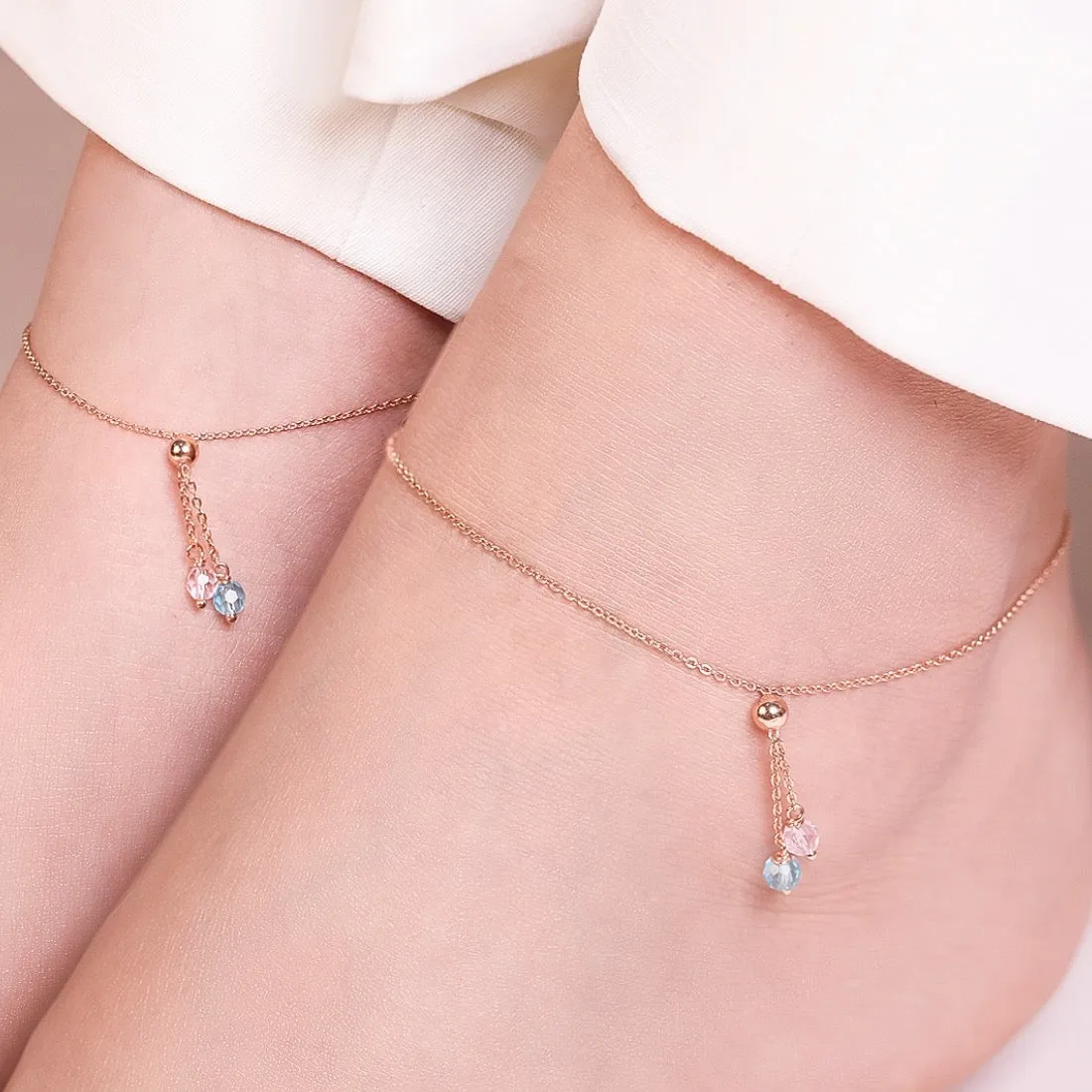 Drop CZ Rose Gold Plated 925 Sterling Silver Chained Anklet