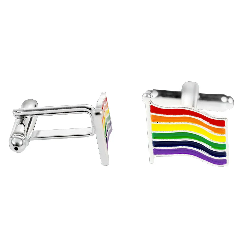 Gay Pride Rainbow Waving Flag Silver Plated Cufflinks