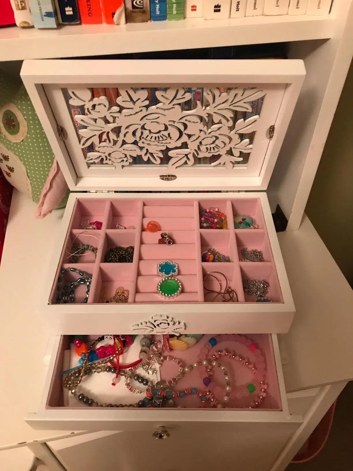 Girls Jewelry Box Wooden Flower Carving Organizer Storage Case 2 Tier with Drawer