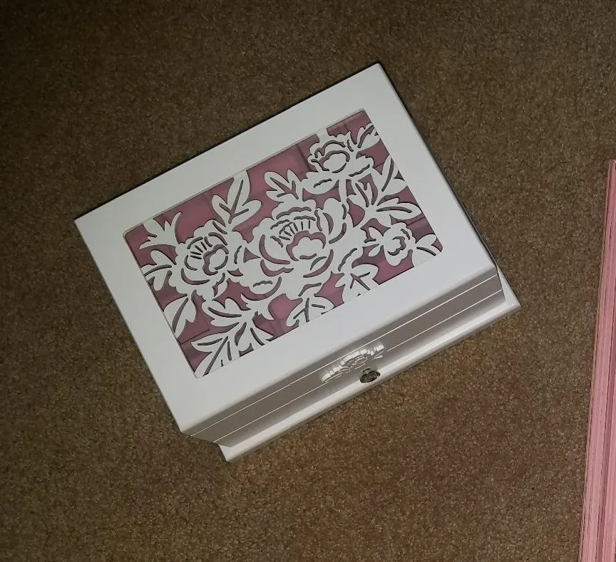 Girls Jewelry Box Wooden Flower Carving Organizer Storage Case 2 Tier with Drawer
