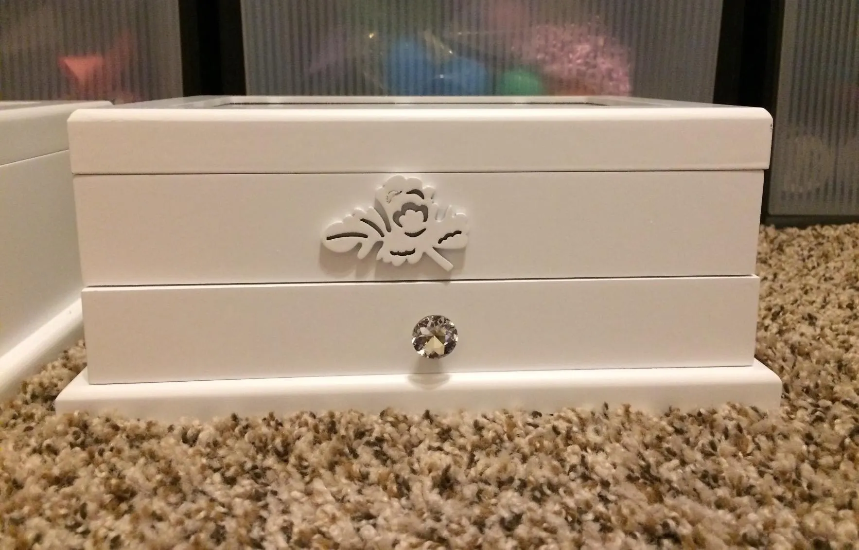 Girls Jewelry Box Wooden Flower Carving Organizer Storage Case 2 Tier with Drawer
