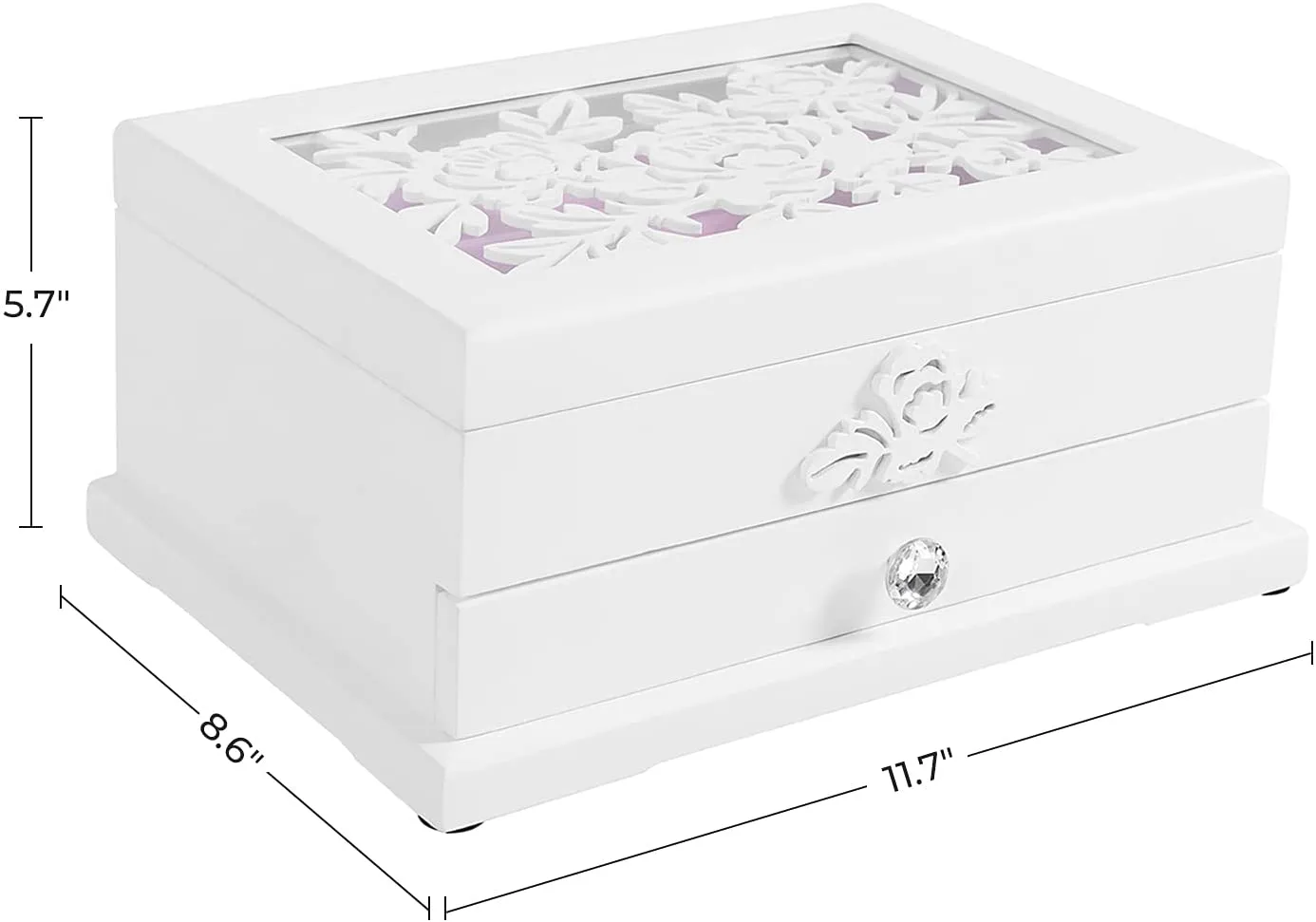 Girls Jewelry Box Wooden Flower Carving Organizer Storage Case 2 Tier with Drawer