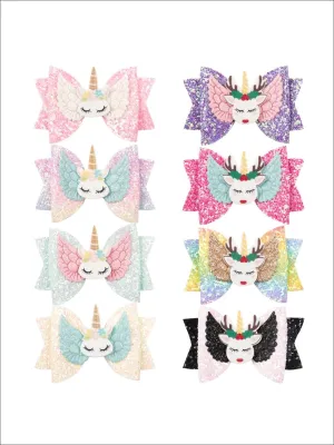Girls Shiny Glitter Elk Unicorn Hair Bow