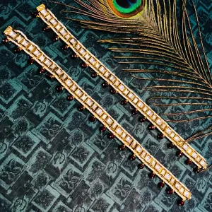 Gold Plated Anklet with Royal Kundan Red Color (Set of 2) - Design 3