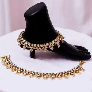 Gold Plated Anklet with Royal Kundan  (Set of 2) - Design 1
