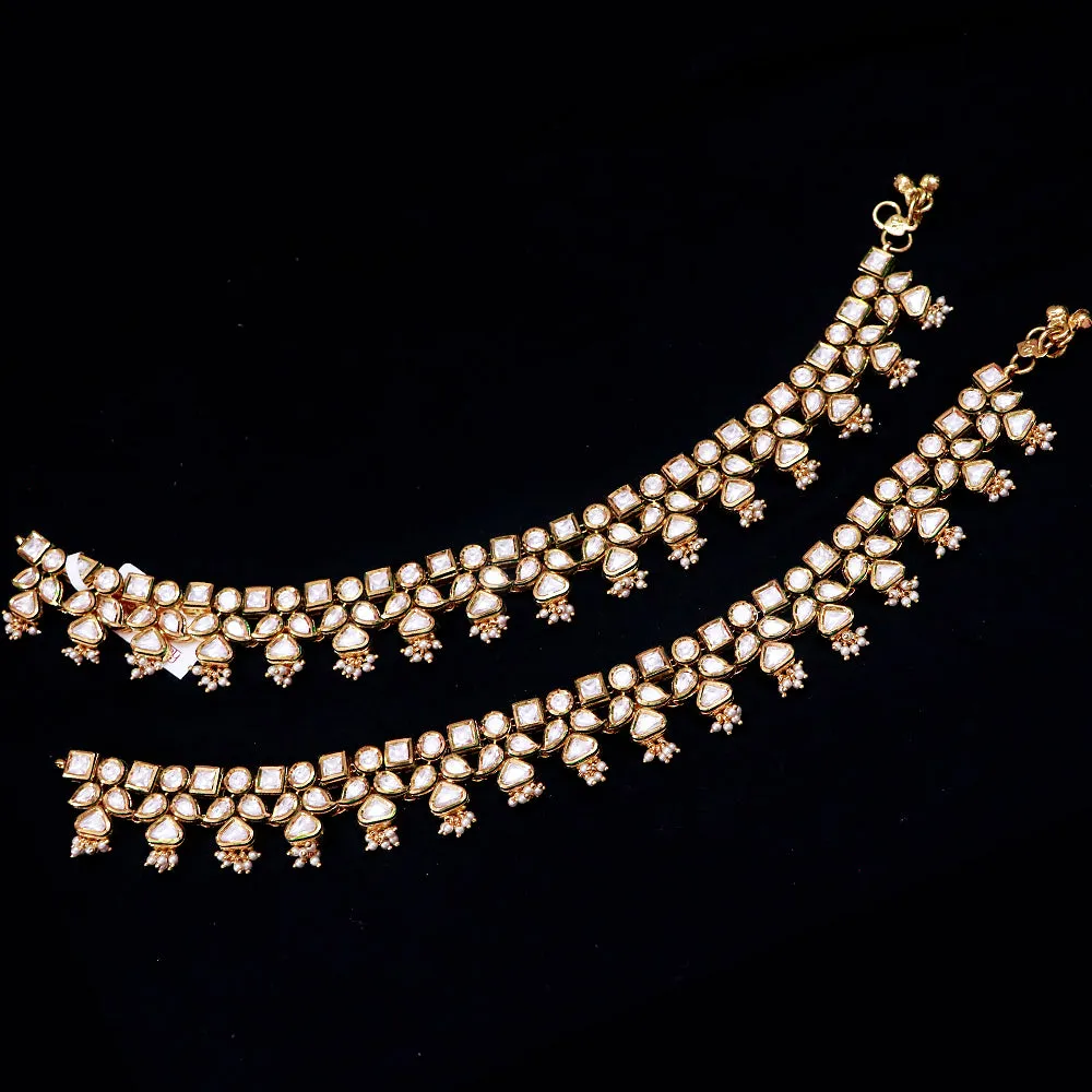 Gold Plated Anklet with Royal Kundan  (Set of 2) - Design 1