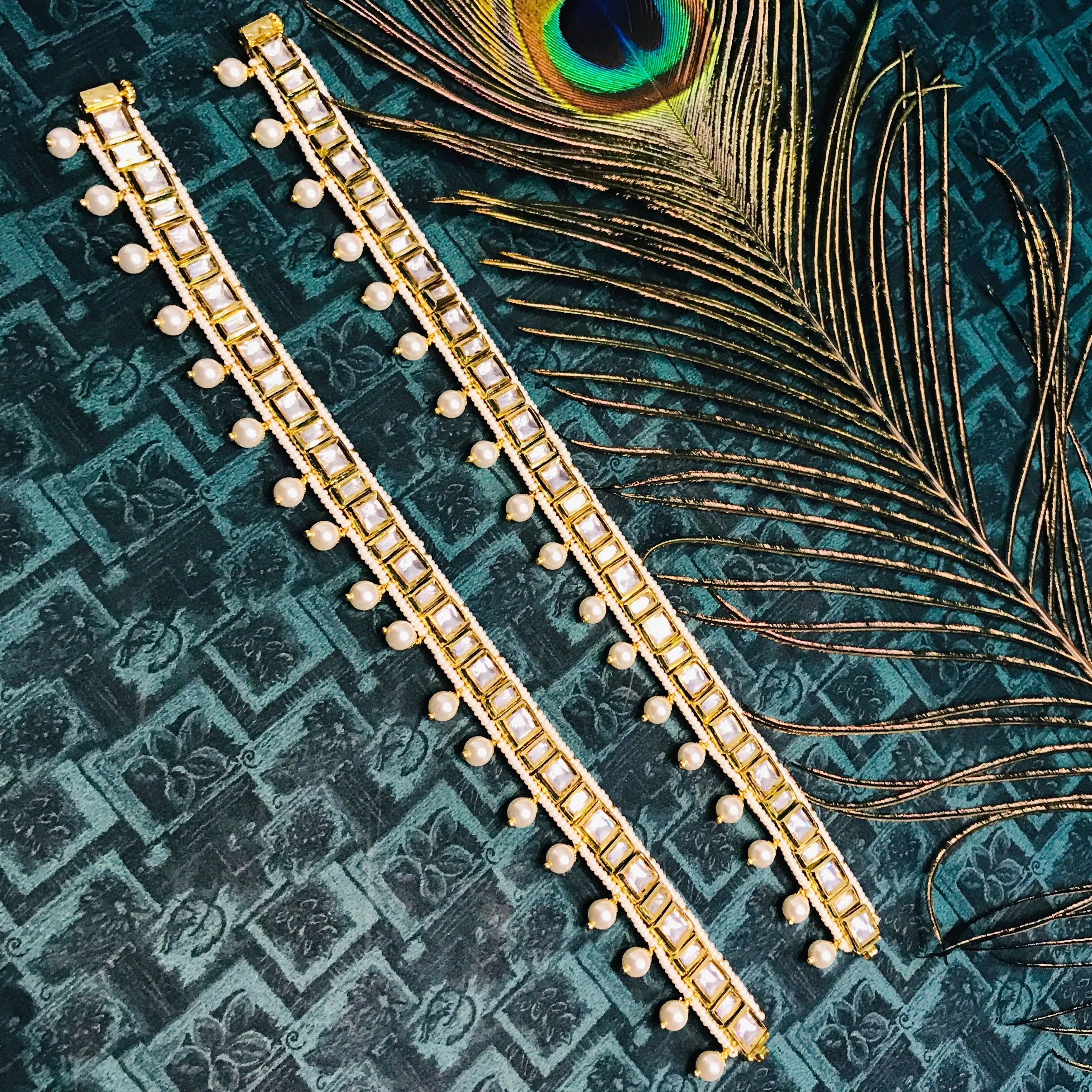 Gold Plated Anklet with Royal Kundan (Set of 2) - Design 2