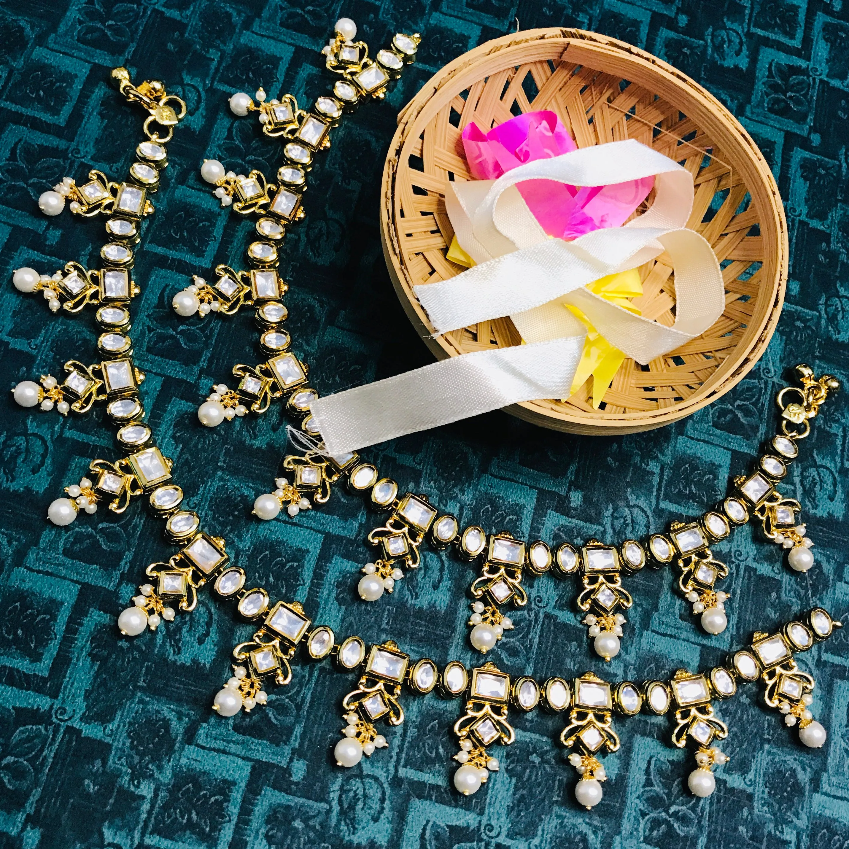 Gold Plated Anklet with Royal Kundan (Set of 2) - Design 6