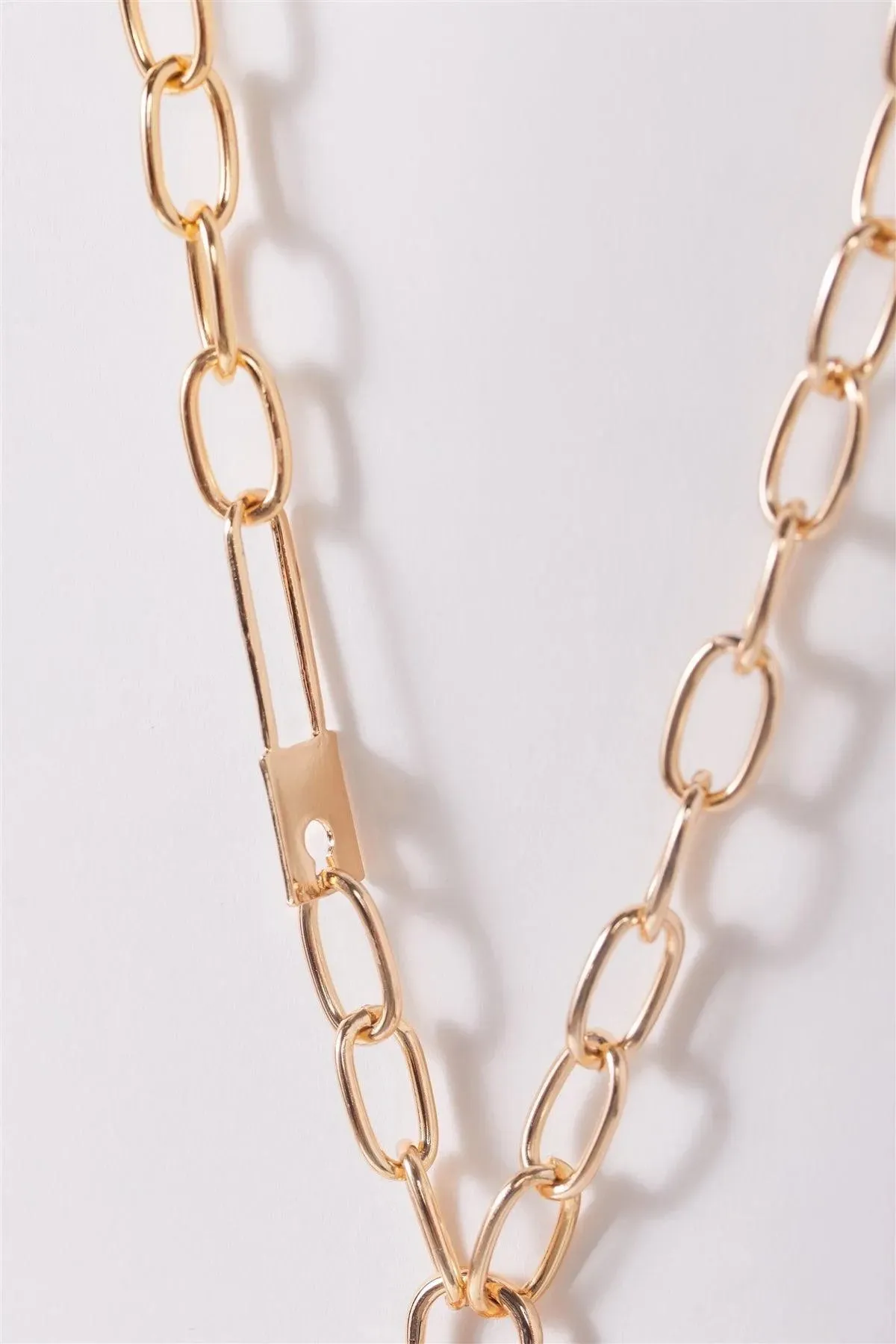 Gold Thick Paper Clip Chain With Padlock Pendant And A Pin Necklace /3 Pieces