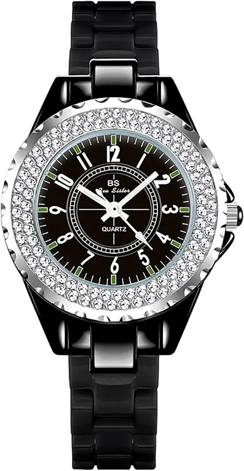 Gosasa Womens Luxury Wrist Watch Fashion Rhinestone White Ceramic Watch Casual Lady Nice Dress Watches (Black)