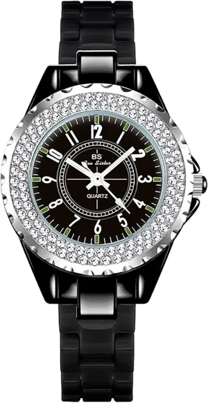 Gosasa Womens Luxury Wrist Watch Fashion Rhinestone White Ceramic Watch Casual Lady Nice Dress Watches (Black)
