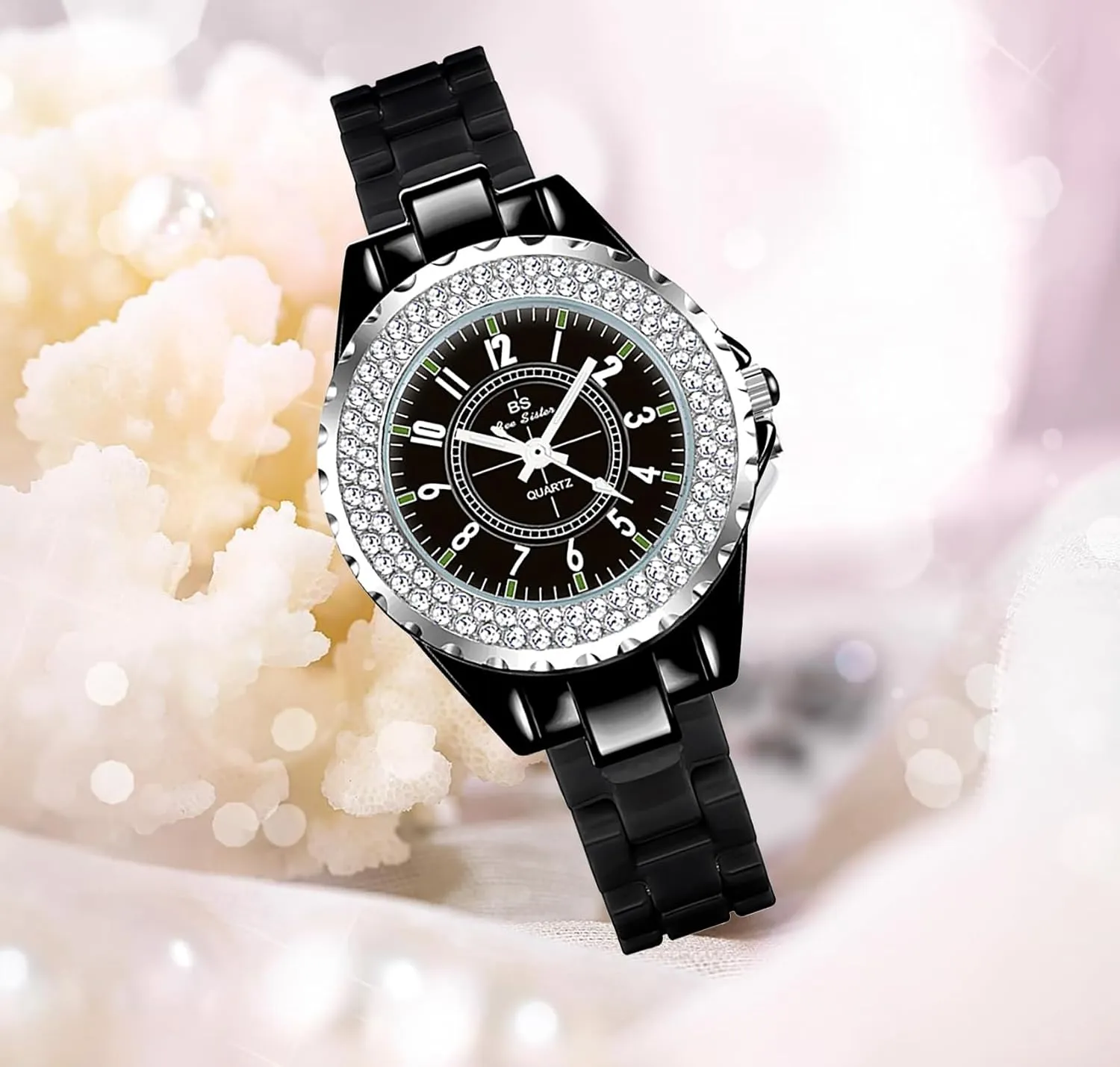 Gosasa Womens Luxury Wrist Watch Fashion Rhinestone White Ceramic Watch Casual Lady Nice Dress Watches (Black)