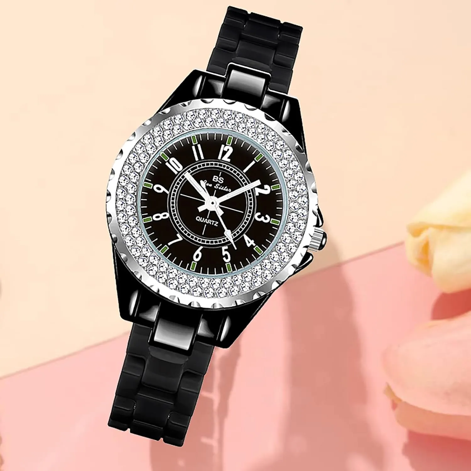 Gosasa Womens Luxury Wrist Watch Fashion Rhinestone White Ceramic Watch Casual Lady Nice Dress Watches (Black)
