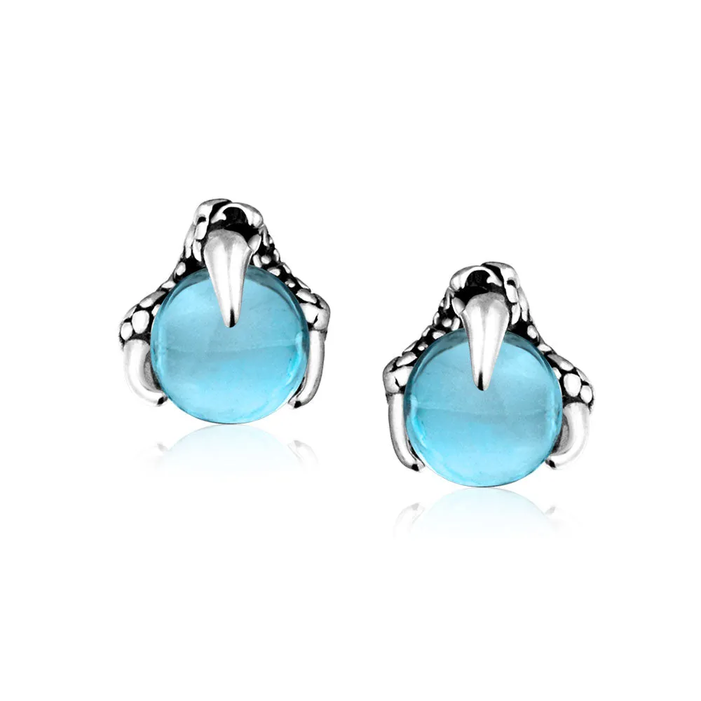 Gothic Punk Rocker Dragon Claw Stud Earrings Aqua Blue Ball for Men Silver Tone