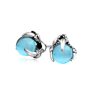 Gothic Punk Rocker Dragon Claw Stud Earrings Aqua Blue Ball for Men Silver Tone