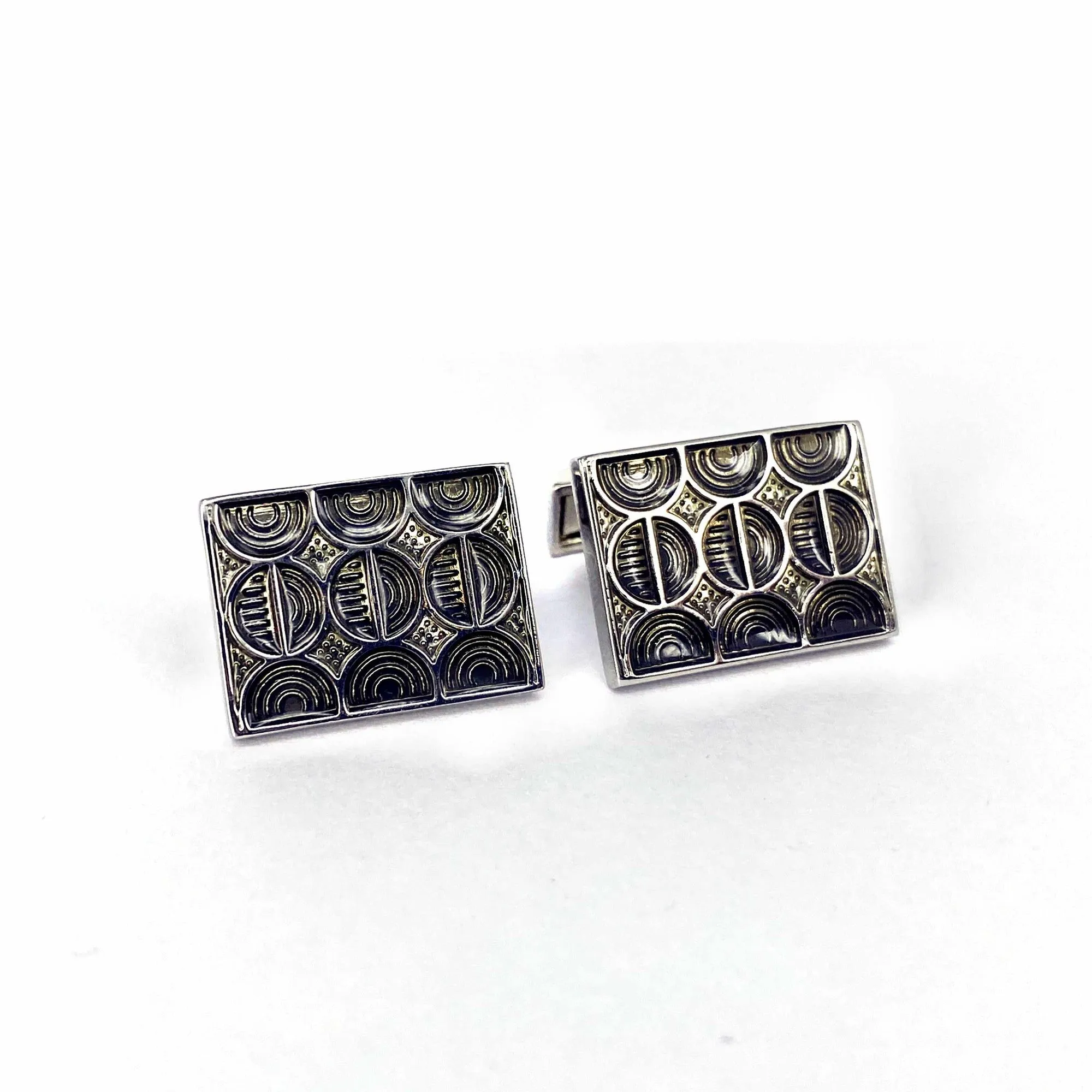 Gunmetal Rectangle Cufflinks with Flower Design (Online Exclusive)
