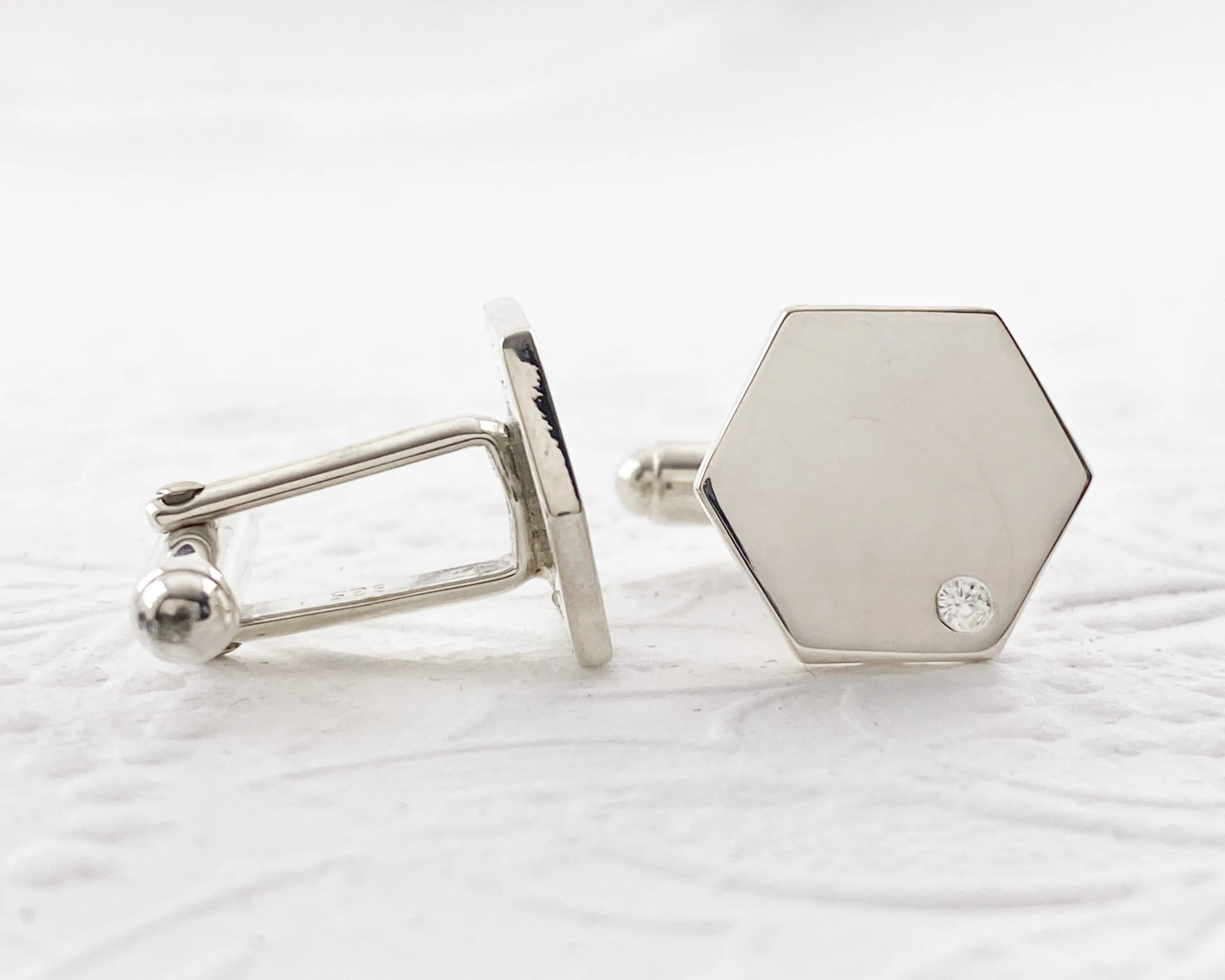 Hexagon Geometric Moissanite Flush Set Cuff Links in Sterling Silver