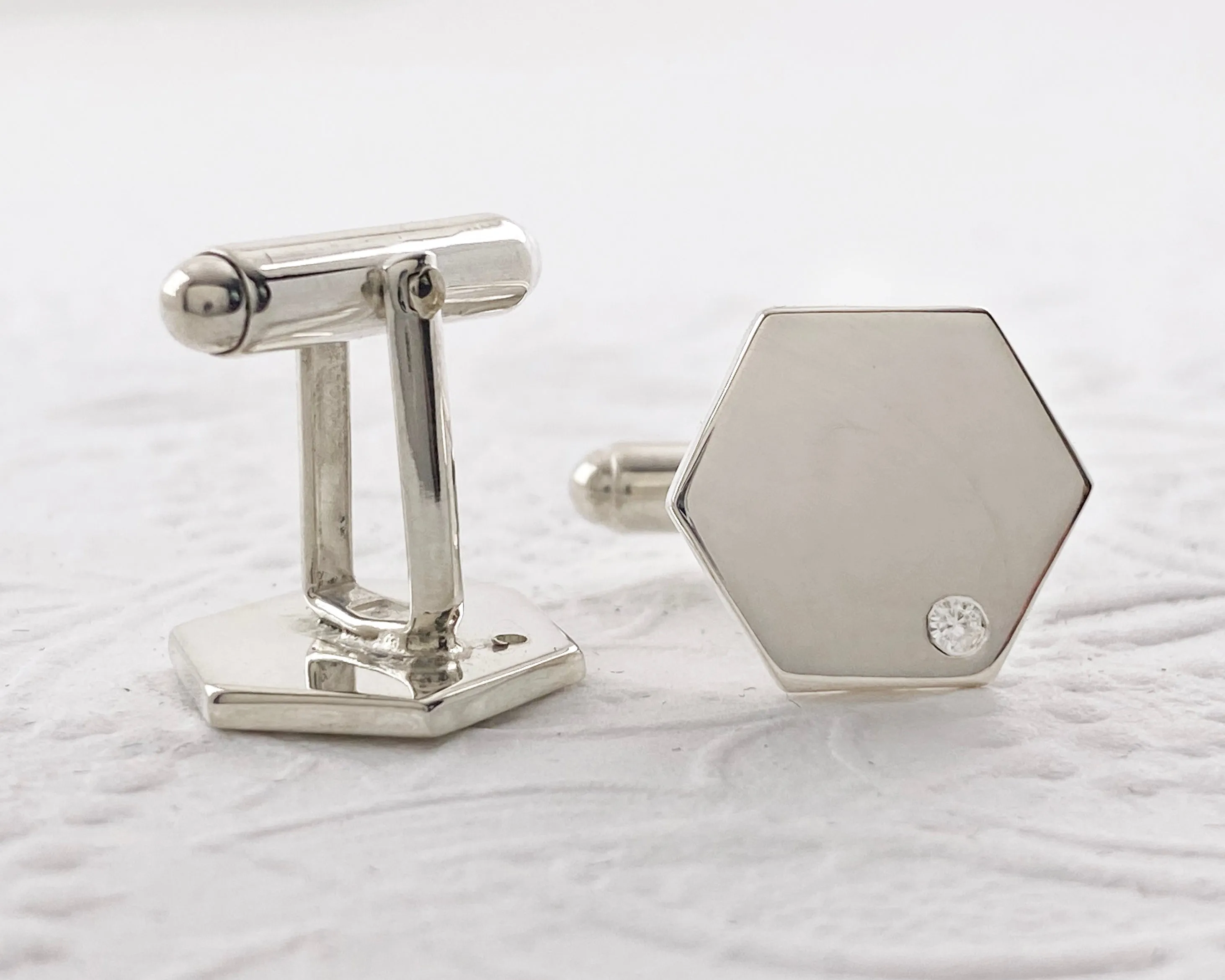 Hexagon Geometric Moissanite Flush Set Cuff Links in Sterling Silver