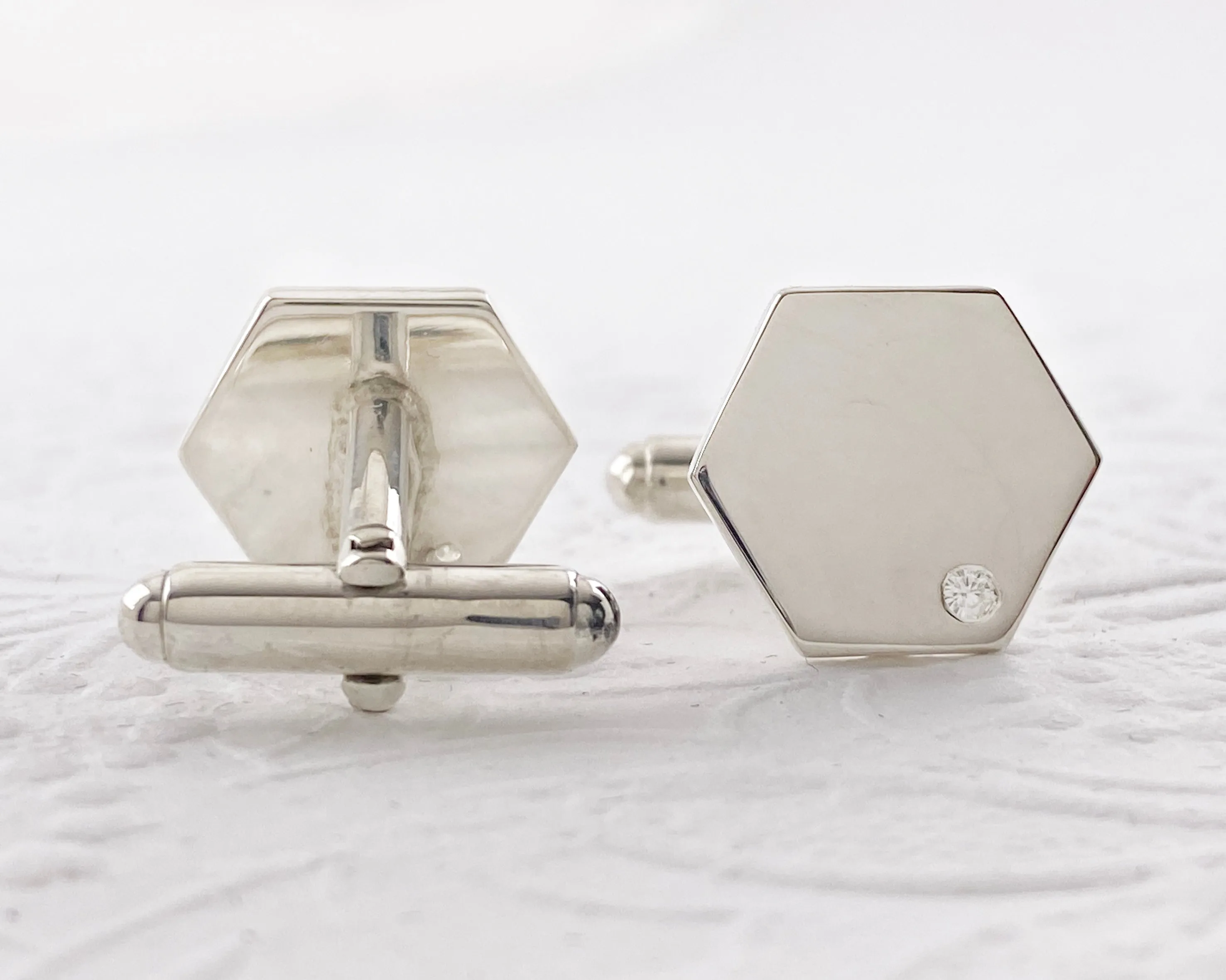 Hexagon Geometric Moissanite Flush Set Cuff Links in Sterling Silver