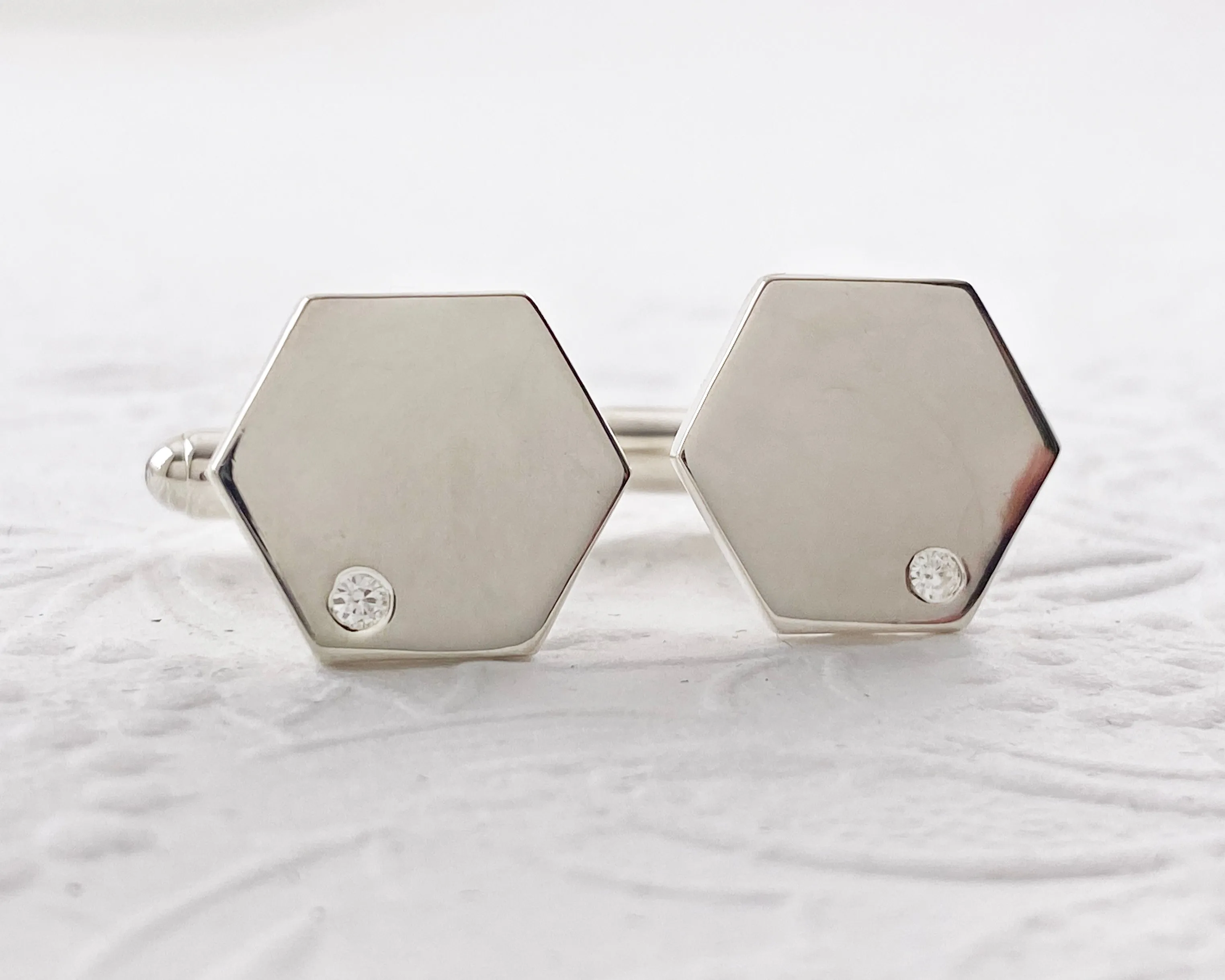 Hexagon Geometric Moissanite Flush Set Cuff Links in Sterling Silver