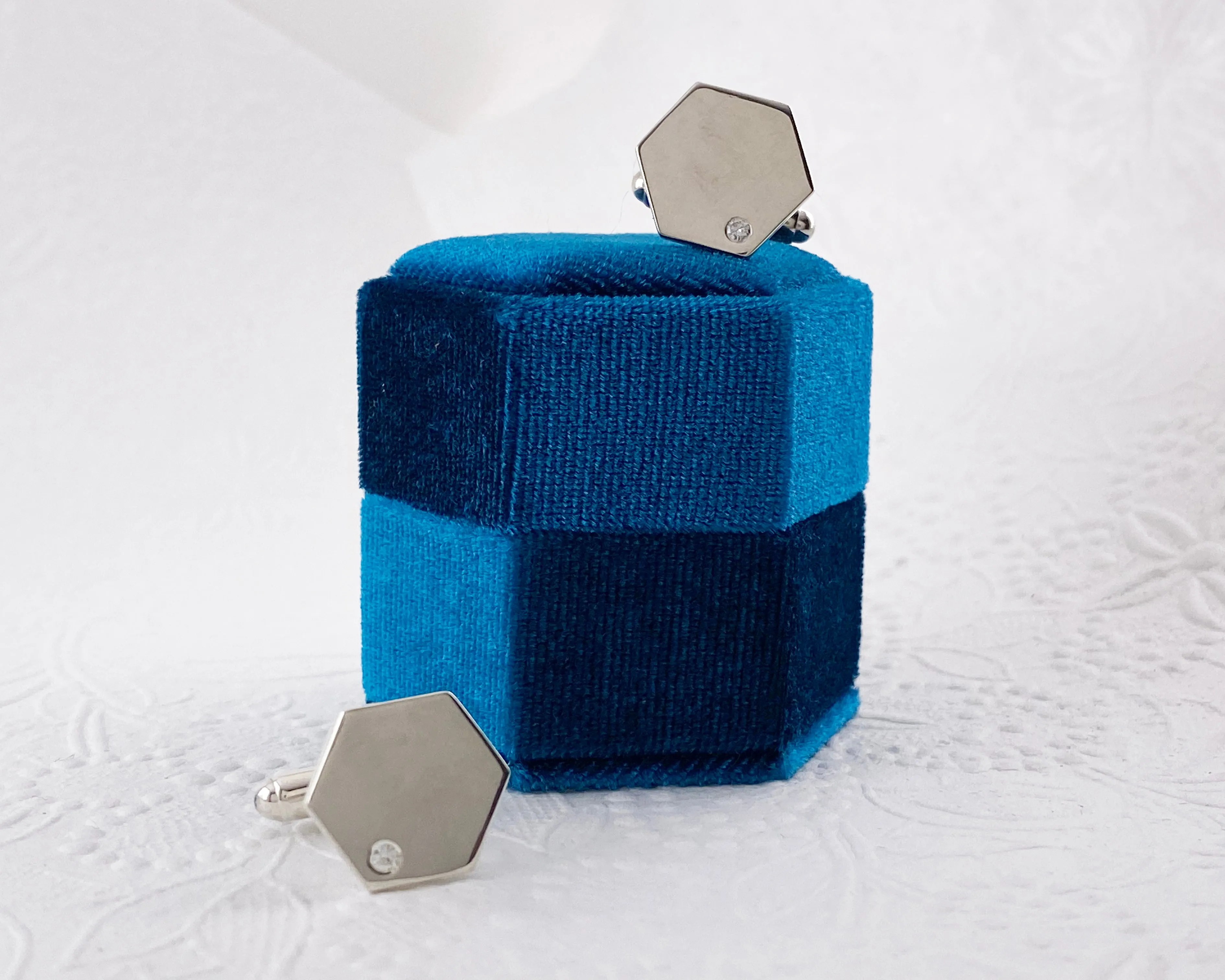 Hexagon Geometric Moissanite Flush Set Cuff Links in Sterling Silver