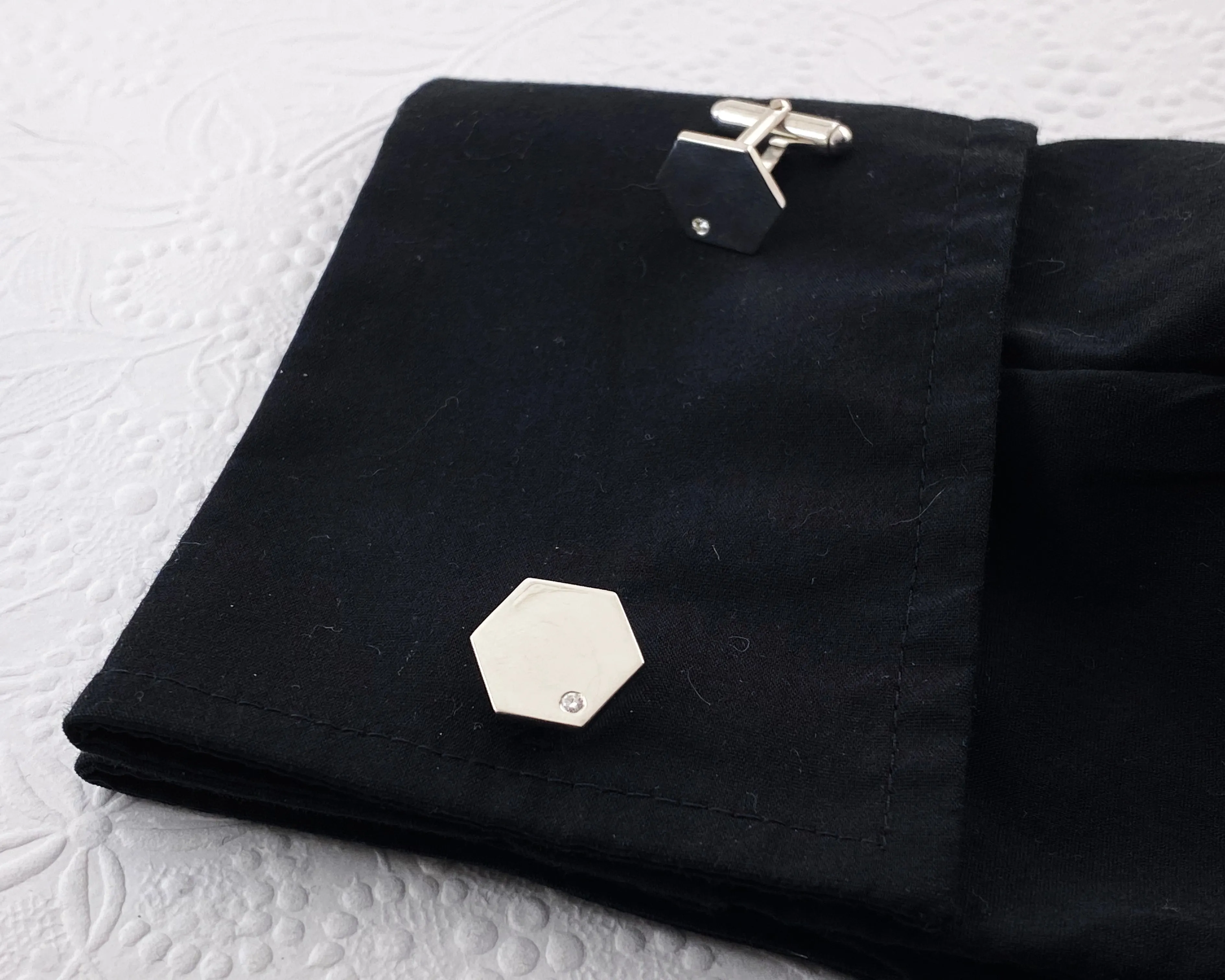 Hexagon Geometric Moissanite Flush Set Cuff Links in Sterling Silver