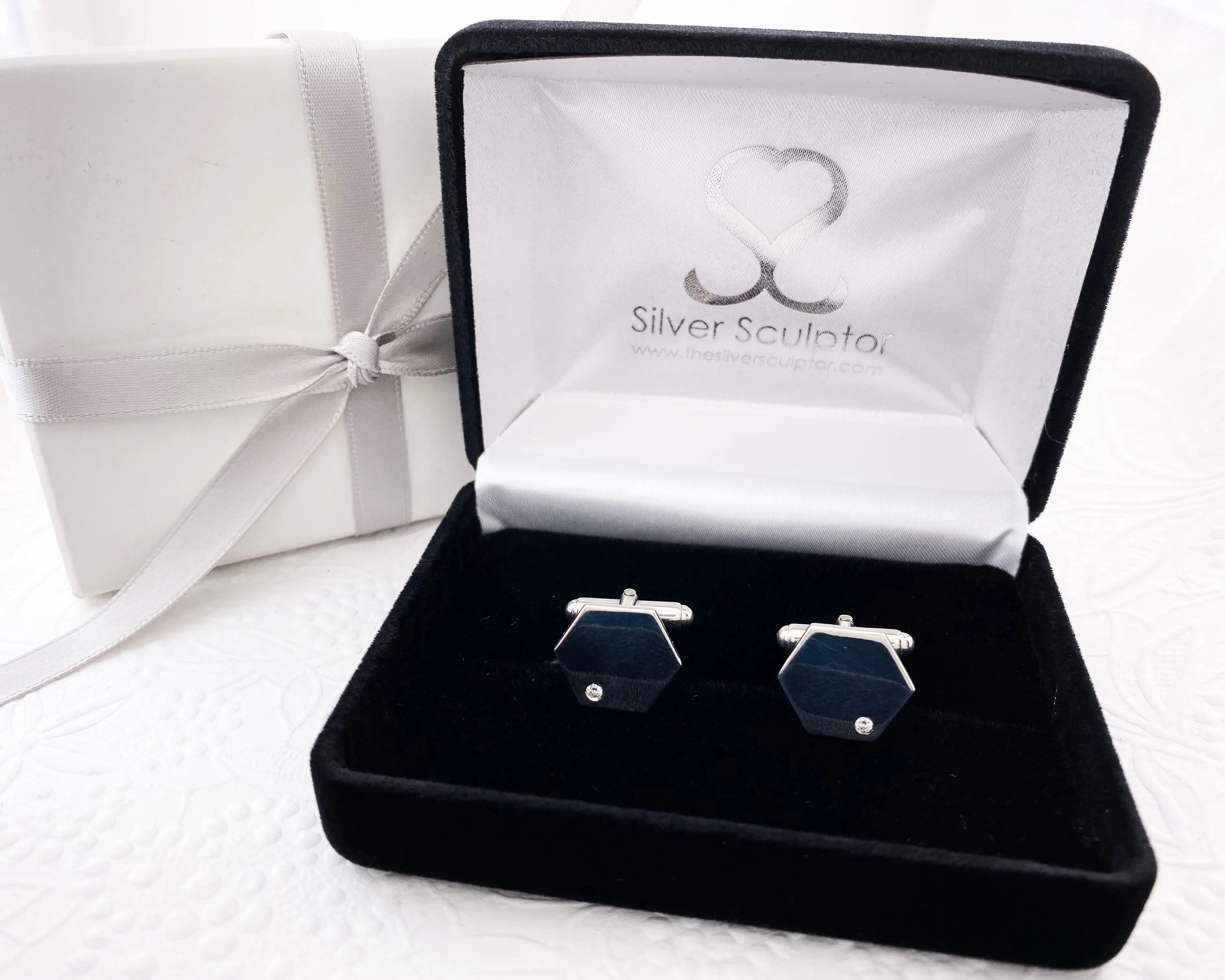 Hexagon Geometric Moissanite Flush Set Cuff Links in Sterling Silver