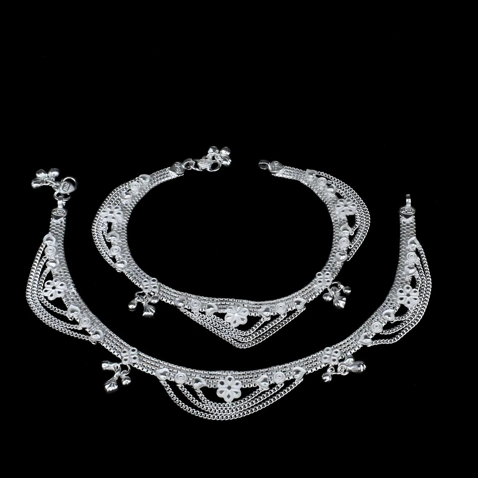 Indian Bridal Real Sterling Silver women Anklets Ankle Pair 10.3"