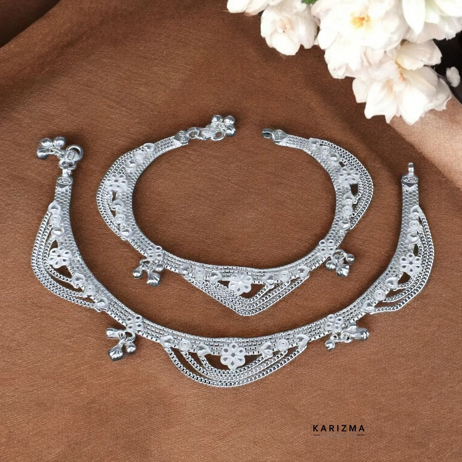 Indian Bridal Real Sterling Silver women Anklets Ankle Pair 10.3"