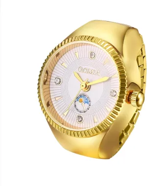 JewelryWe Unisex Finger Ring Watch: Men Women Gold Elastic Stretchable Band Round Dial Stainless Steel Quartz Ring Watches