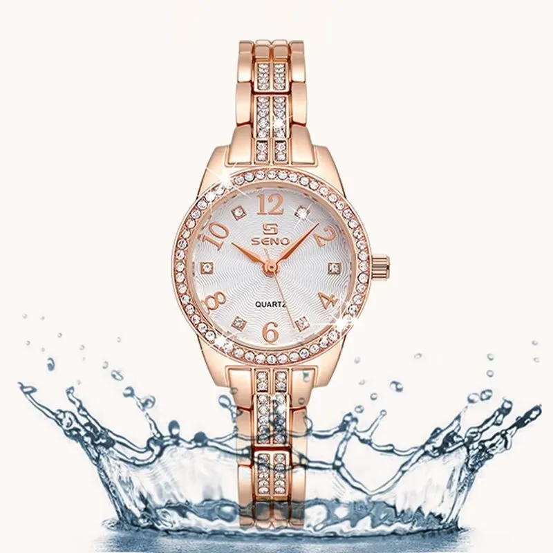 Leather-Strapped Waterproof Diamond Watch with Medium Dial