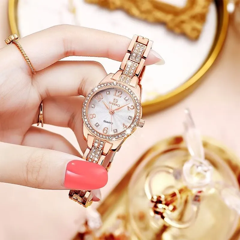 Leather-Strapped Waterproof Diamond Watch with Medium Dial