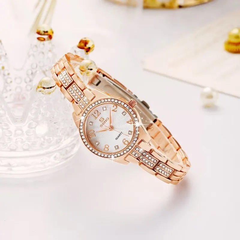 Leather-Strapped Waterproof Diamond Watch with Medium Dial