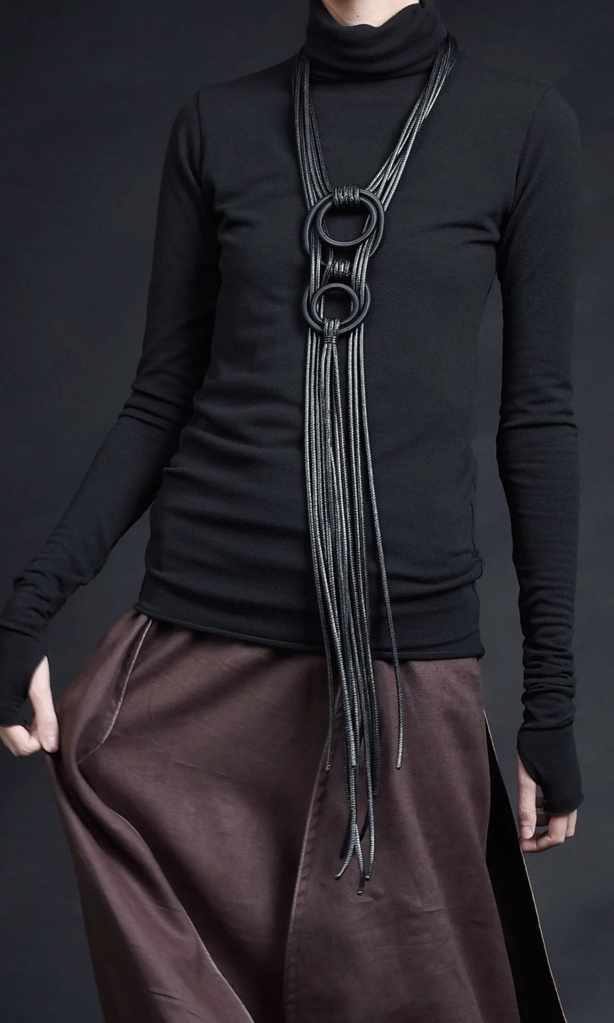 Long Leather Circles Necklace