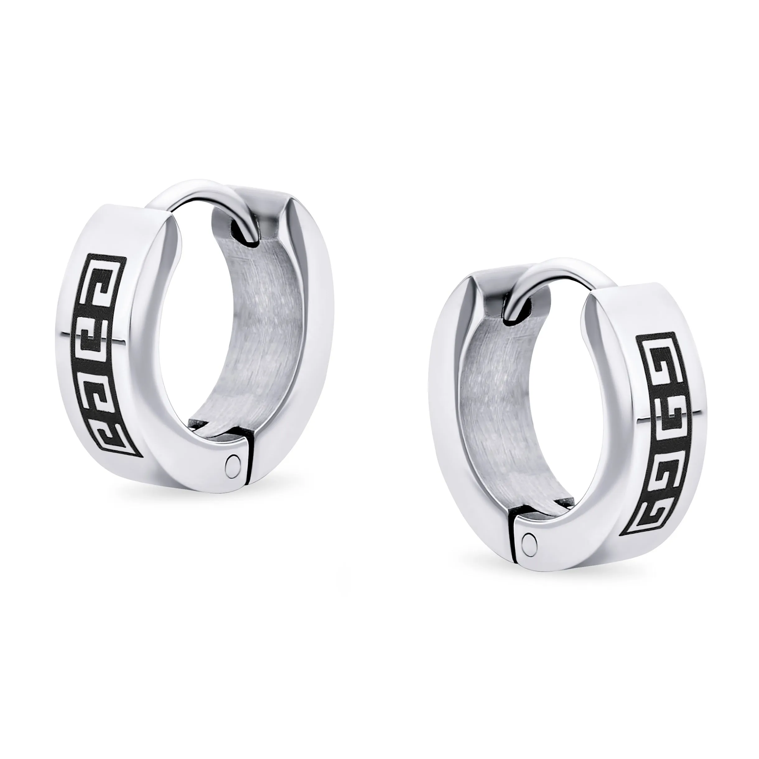 Mens Earrings Biker Jewelry Greek Key Pattern Hoop Huggie Stainless Steel